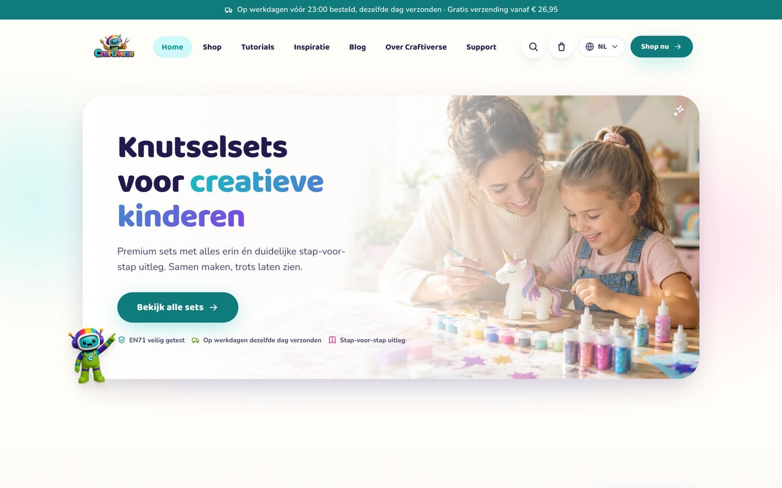Homepage van de Craftiverse-webshop op de computer: knutselsets voor creatieve kinderen