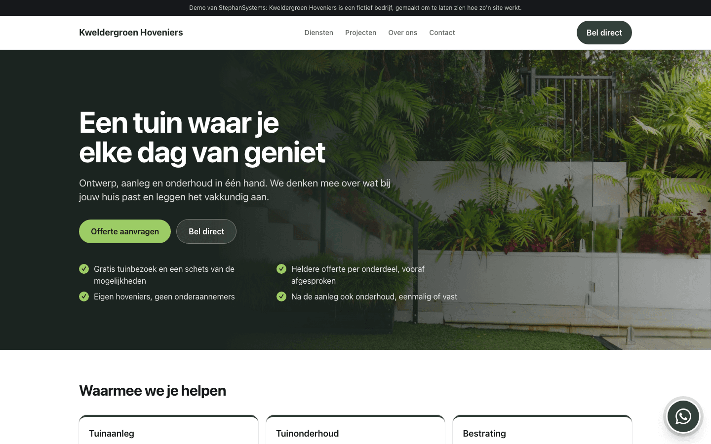 Demo van een hovenierswebsite op de computer: een groene tuin in lagen, de offerteknop, een belknop en vier voordelen