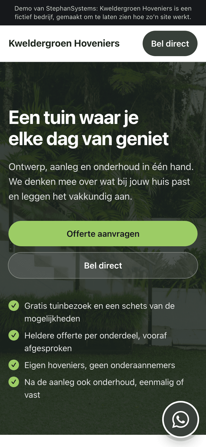 Dezelfde demo op de telefoon, met de belknop bovenin, de offerteknop en rechtsonder een rond WhatsApp-logo