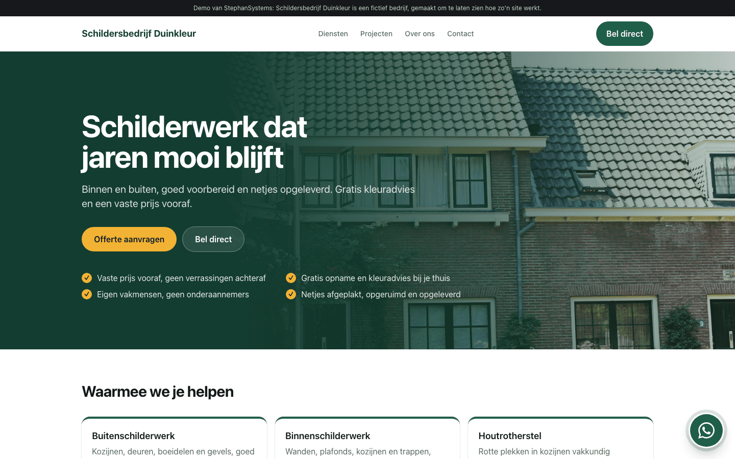 Demo van een schilderswebsite op de computer: grote foto van een gevel, de offerteknop, een belknop en vier voordelen
