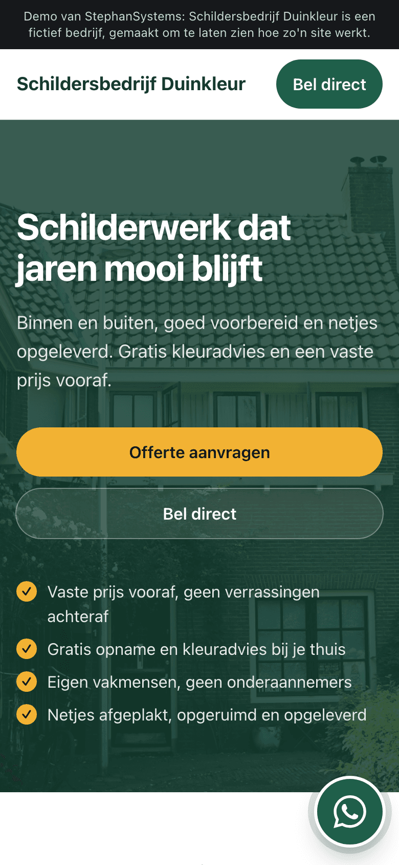 Demo: de homepage van een fictief schildersbedrijf op een telefoon