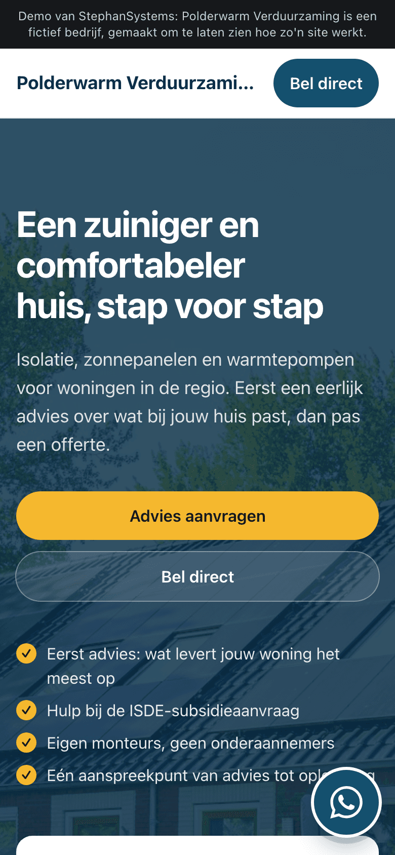 Dezelfde demo op de telefoon, met de belknop bovenin, de knop Advies aanvragen en rechtsonder een rond WhatsApp-logo